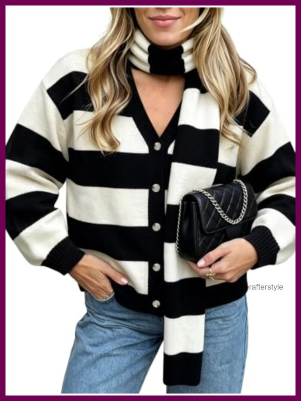 Women's Stripe Long Sleeve Cardigan Sweater with Matching Scarf